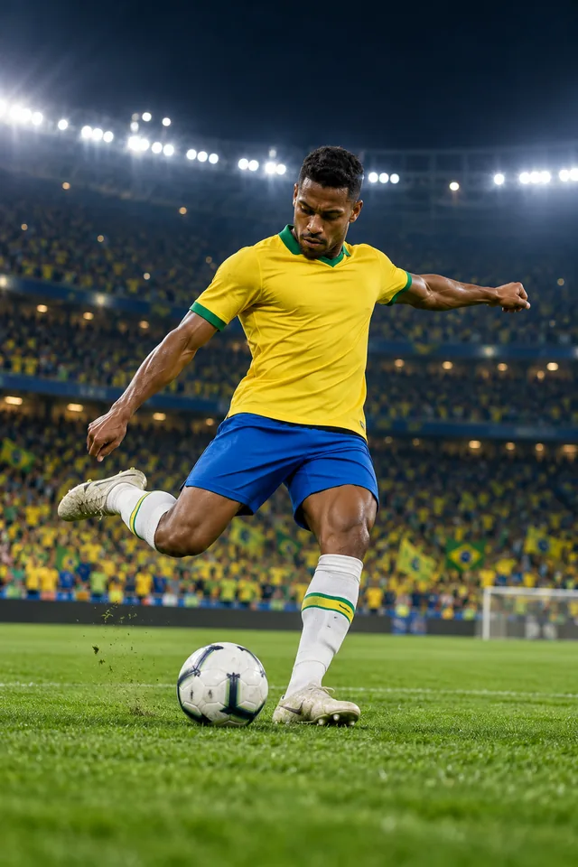 Jogador de futebol com uniforme amarelo preparando um chute
