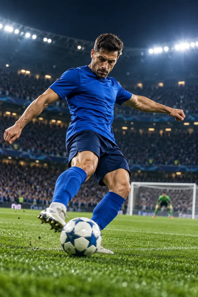 Jogador com uniforme azul chutando a bola em uma partida noturna