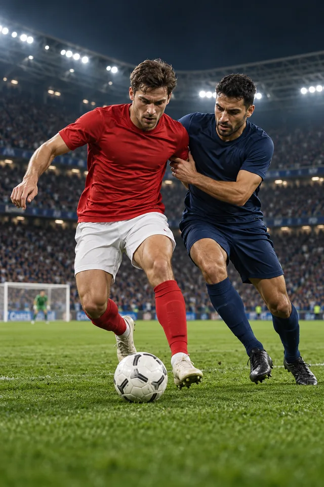 Dois jogadores disputando a bola em um estádio iluminado